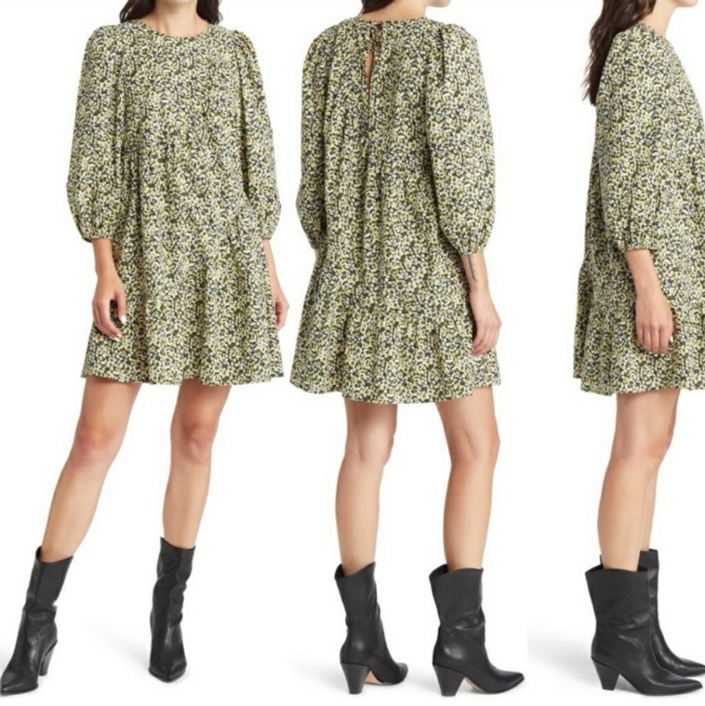 Rails The Louise Chrysanthemum Floral Cotton Blend Shift Dress Yellow Blue Med.